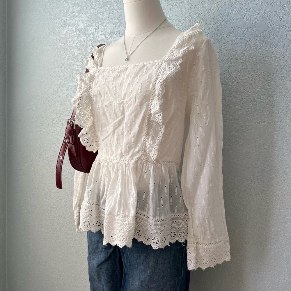 Meadow Rue by Anthropologie White Eyelet Ruffle Peplum Blouse Size 12 - Picture 3 of 7